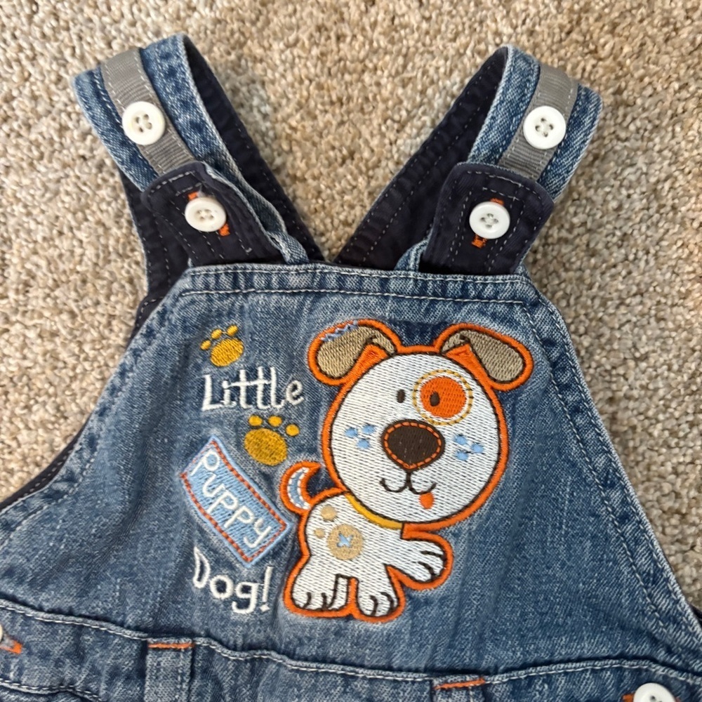Vintage Y2K Denim Overalls Puppy Dog Embroidered Patches Lined Baby 12m